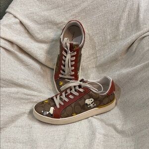 Coach Snoopy/ Woodstock Signature Canvas and Leather Trim Rust Brown Sneakers